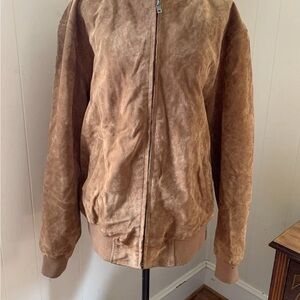 Men's Tan Leather Bomber Jacket Size Large